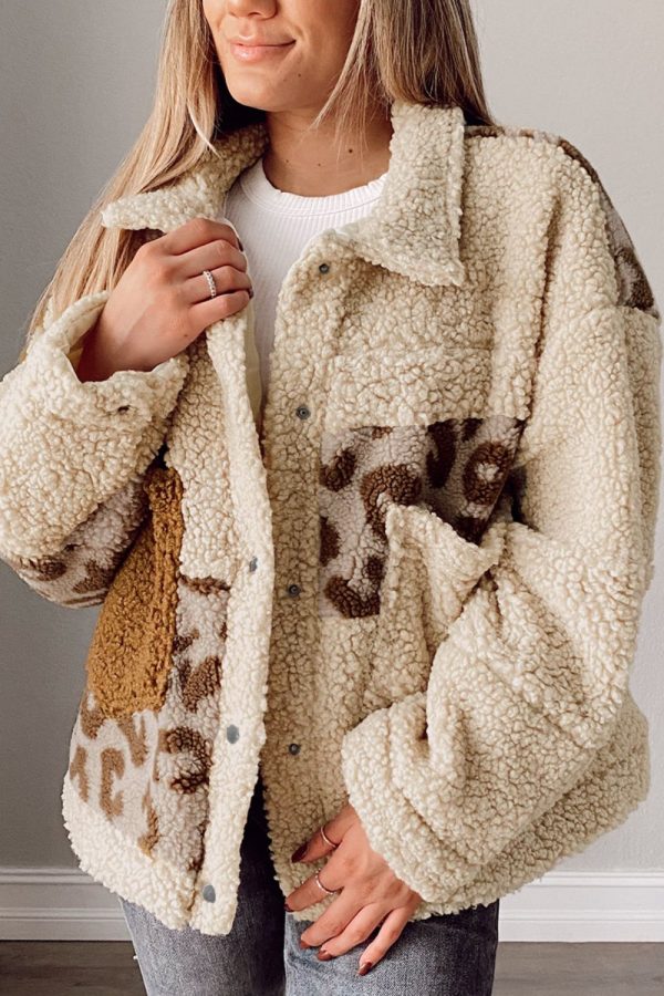 Pocketed Leopard Collared Neck Sherpa Jacket Online