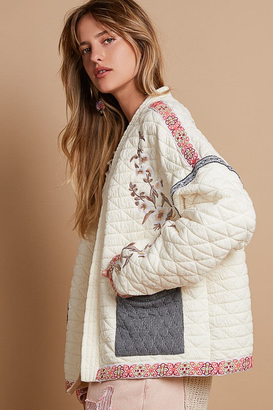 POL Embroidered Open Front Long Sleeve Jacket on Sale