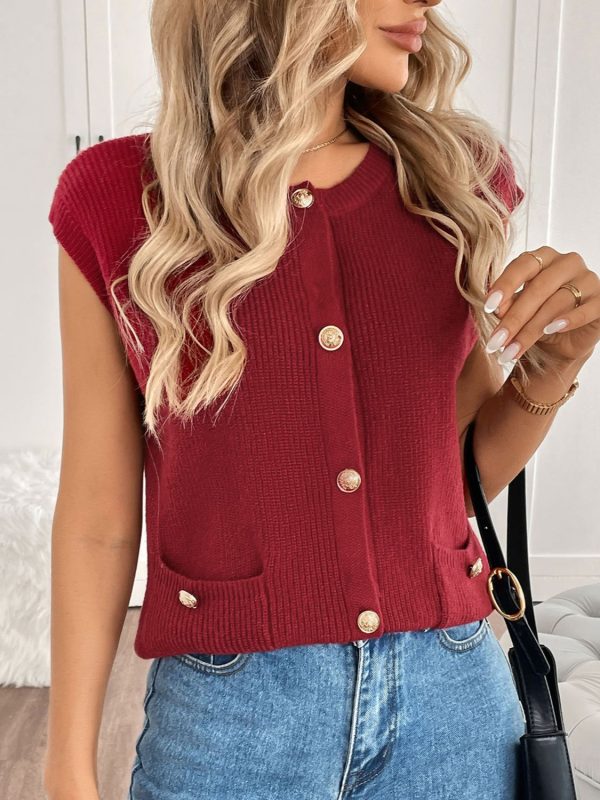 Perfee Pocketed Round Neck Cap Sleeve Cardigan Supply