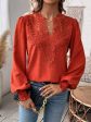 Swiss Dot Lace Detail Notched Long Sleeve Blouse For Discount