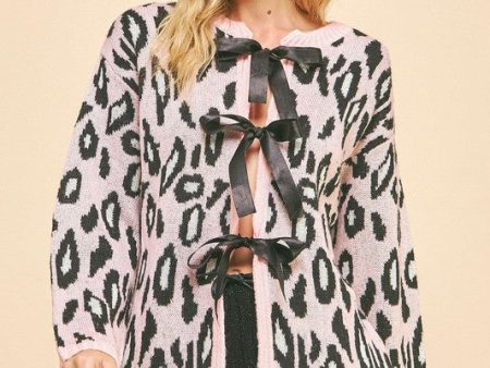 Davi & Dani Leopard Ribbon Tie Front Loose Fit Cardigan Hot on Sale