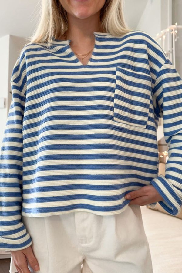 Stripe Chest Pocket Notched Top Sale