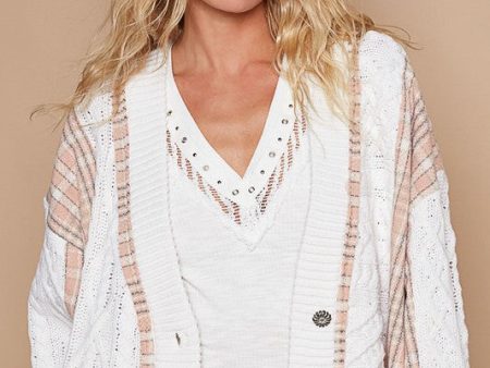 POL Cable-Knit Plaid V-Neck Button Up Cardigan For Discount