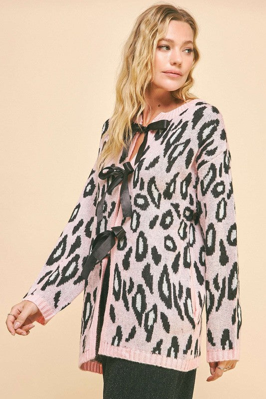 Davi & Dani Leopard Ribbon Tie Front Loose Fit Cardigan Hot on Sale