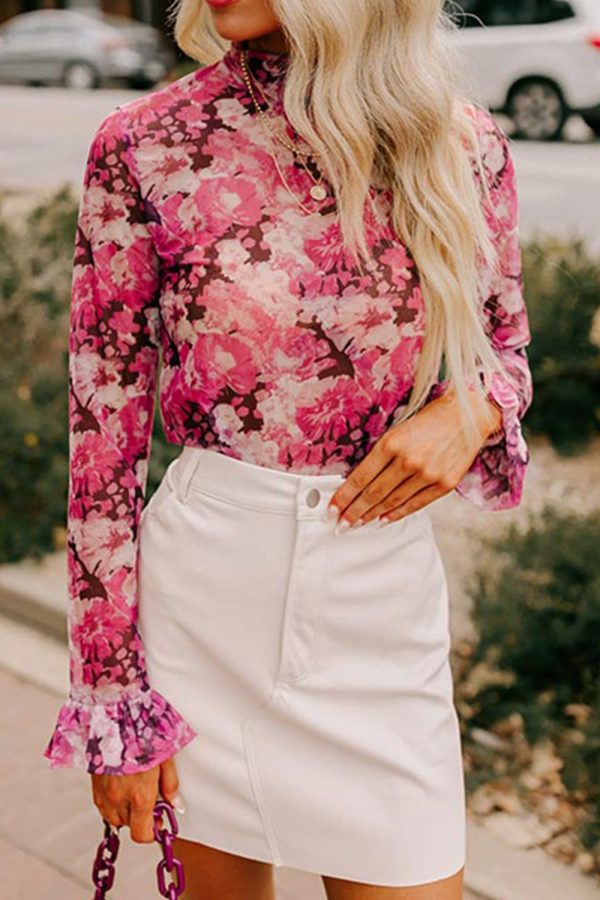 Floral Turtleneck Flounce Sleeve Blouse Fashion