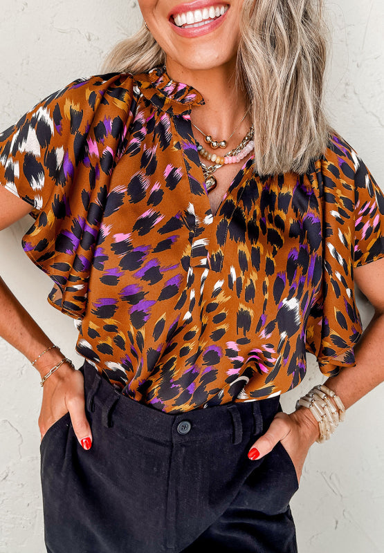 Leopard Notched Short Sleeve Blouse Hot on Sale