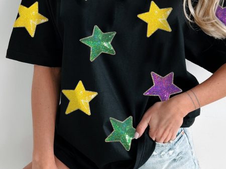 Sequin Stars Patched Round Neck T-Shirt Online