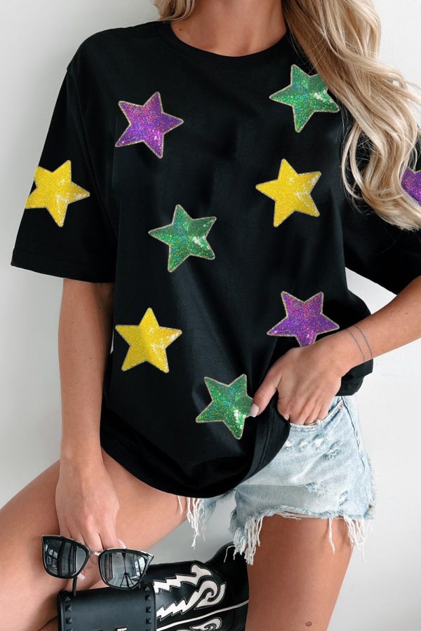 Sequin Stars Patched Round Neck T-Shirt Online