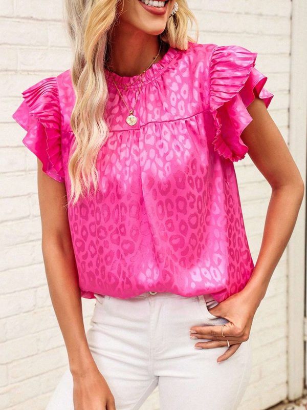 Leopard Frill Mock Neck Ruffled Cap Sleeve Top Hot on Sale