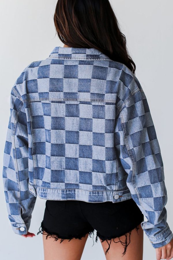 Checkered Button Up Denim Jacket Fashion