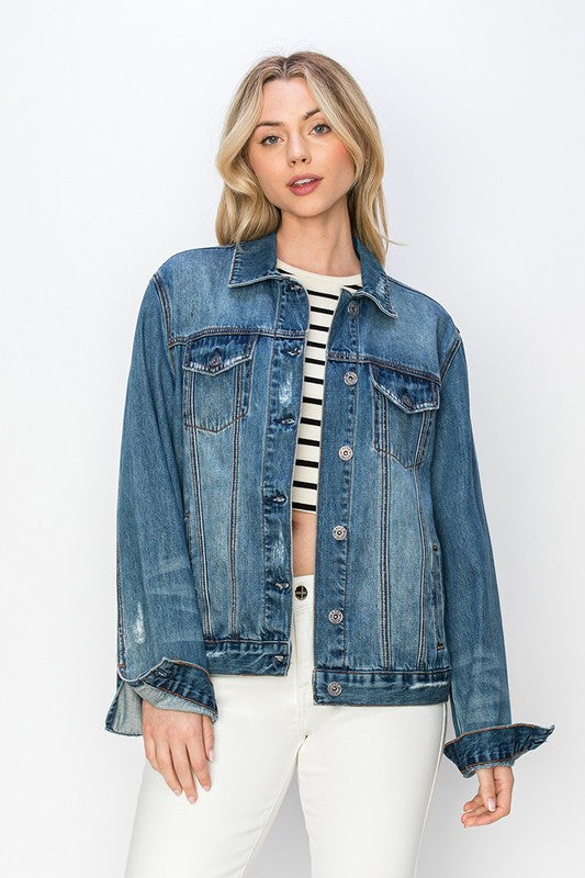 RISEN Full Size Distressed Button Up Jacket Online Sale