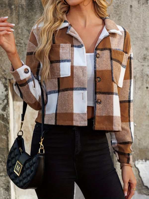 Plaid Collared Neck Cropped Jacket Online Hot Sale