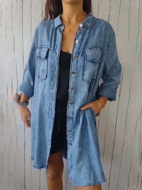 Full Size Raw Hem Button Up Long Sleeve Denim Top Plus Size For Cheap