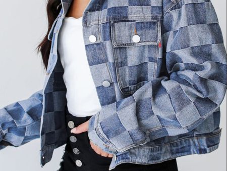 Checkered Button Up Denim Jacket Fashion