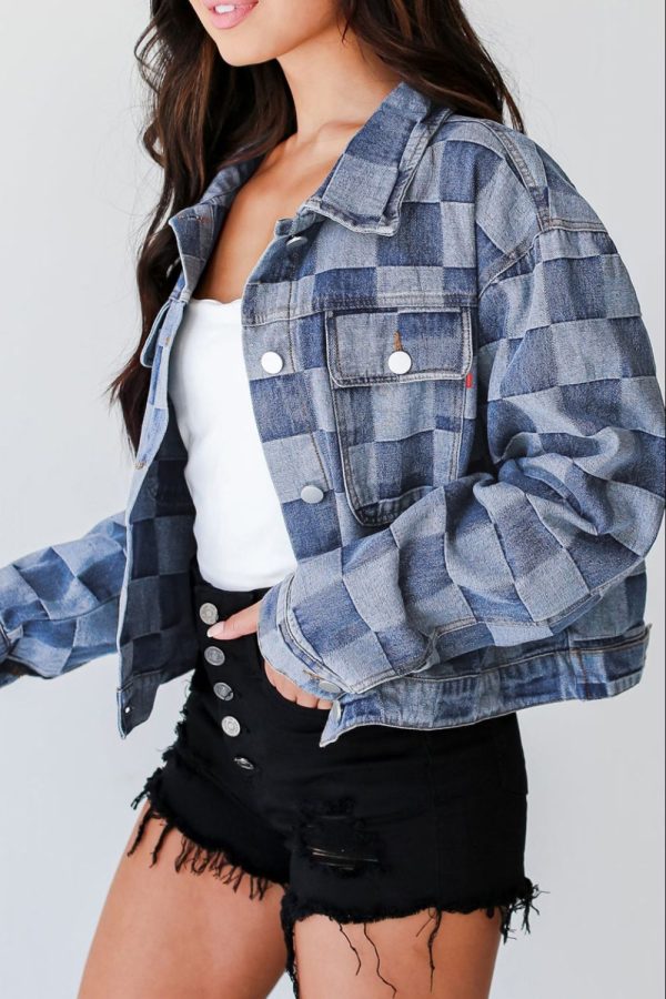 Checkered Button Up Denim Jacket Fashion