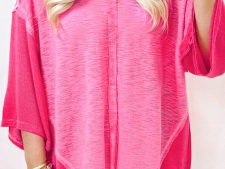 Exposed Seam V-Neck Three-Quarter Sleeve Blouse Hot on Sale