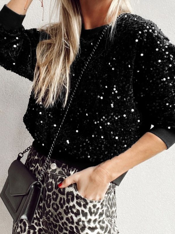 Sequin Round Neck Long Sleeve Blouse Online Hot Sale