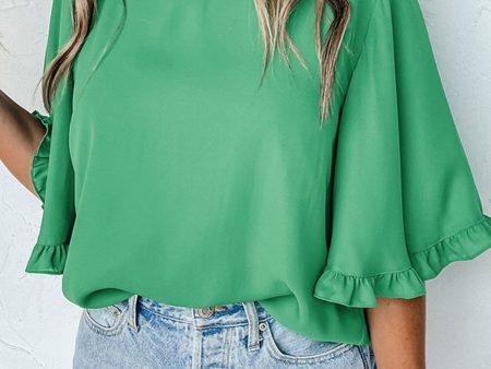 Frill Round Neck Wide Half Sleeve Blouse For Cheap