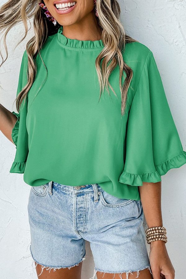 Frill Round Neck Wide Half Sleeve Blouse For Cheap