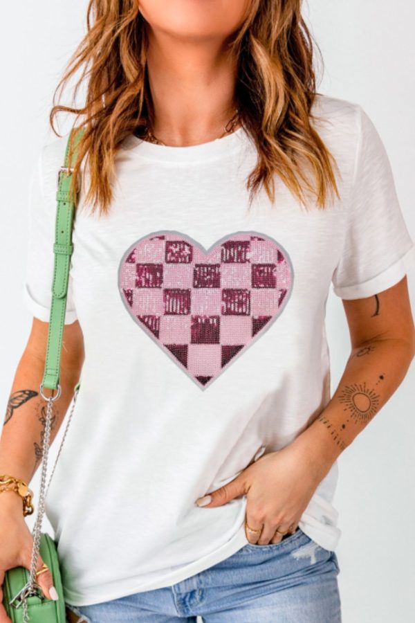 Sequin Checkered Heart Round Neck Short Sleeve T-Shirt Online Hot Sale