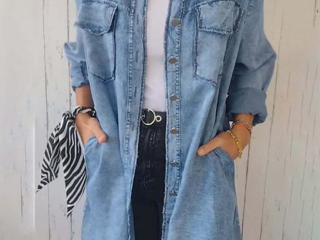 Full Size Raw Hem Button Up Long Sleeve Denim Top Plus Size For Cheap