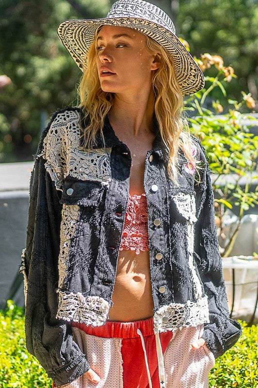 POL Crochet Patch Embroidered Button Up Jacket Sale