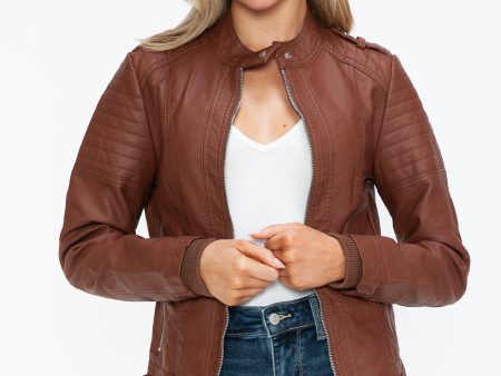 Snobbish PU Leather Biker Jacket with Side Zip Pockets For Sale