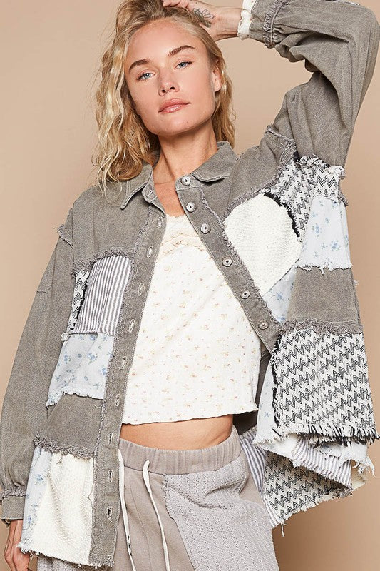 POL Raw Hem Patchwork Dropped Shoulder Jacket Sale