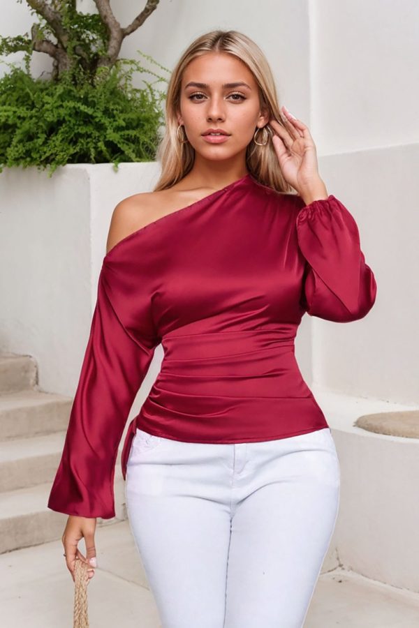 Drawstring One Shoulder Long Sleeve Blouse Discount