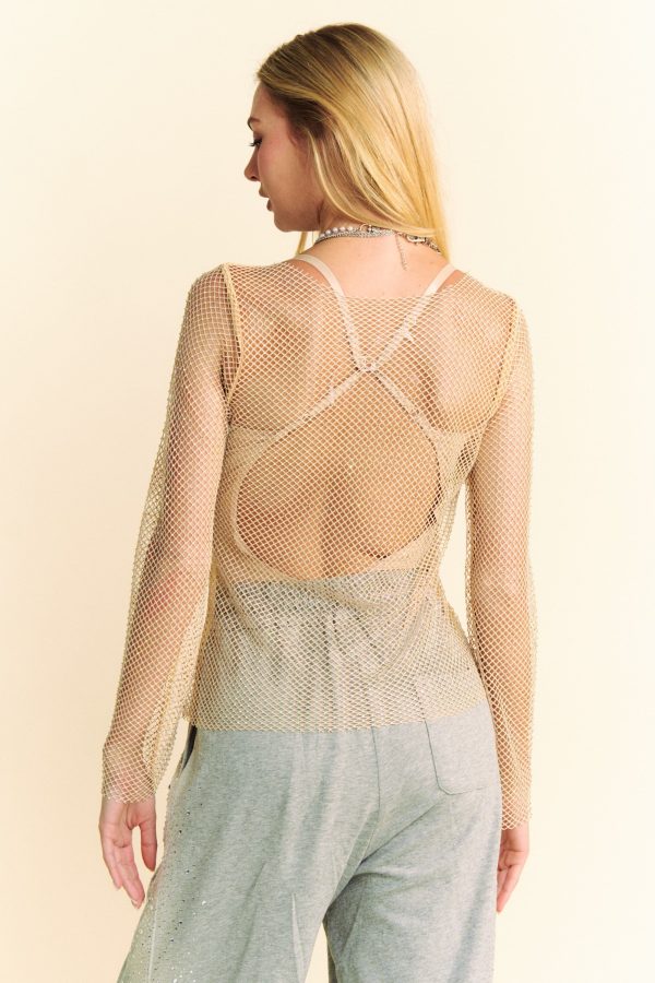 Davi & Dani Sparkling Rhinestone Sheer Mesh Round Neck Top Hot on Sale