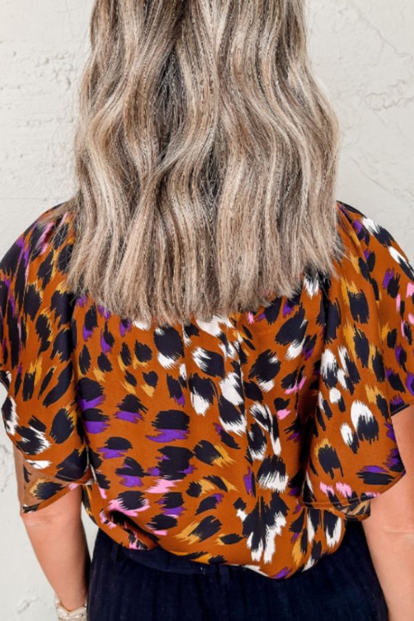 Leopard Notched Short Sleeve Blouse Hot on Sale