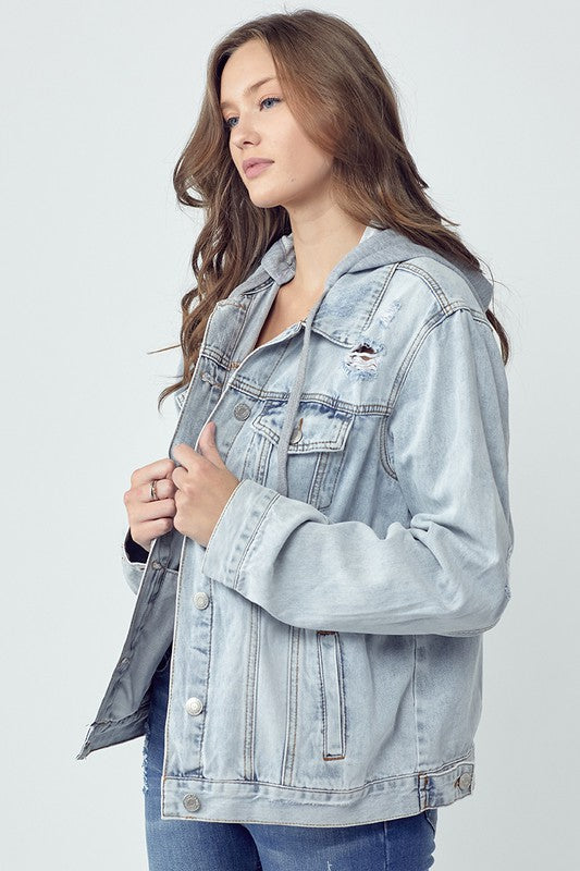 RISEN Full Size Distressed Drawstring Hooded Denim Jacket Hot on Sale