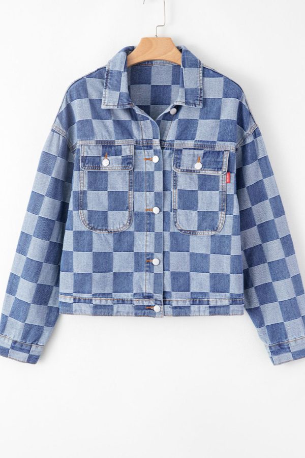 Checkered Button Up Denim Jacket Fashion