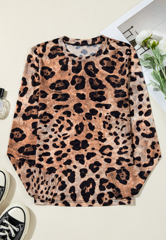 Leopard Round Neck Long Sleeve Blouse Fashion