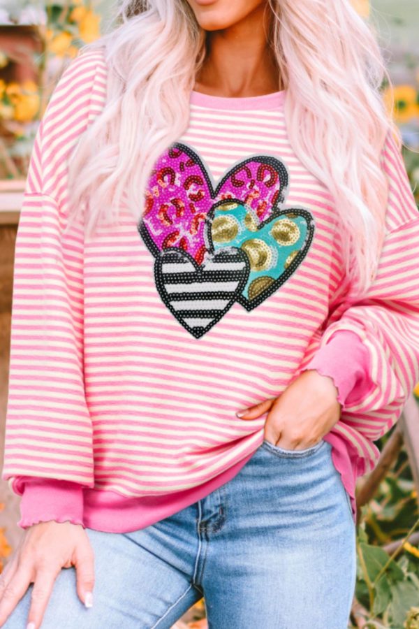 Striped Sequin Heart Round Neck Long Sleeve Sweatshirt Online Sale