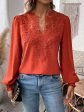 Swiss Dot Lace Detail Notched Long Sleeve Blouse For Discount