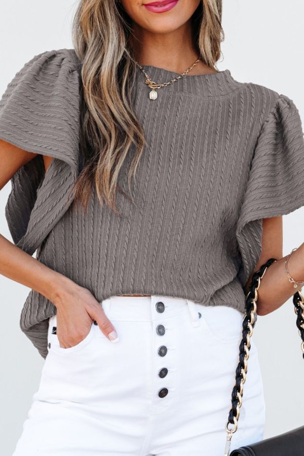 Textured Round Neck Flounce Sleeve Blouse For Discount