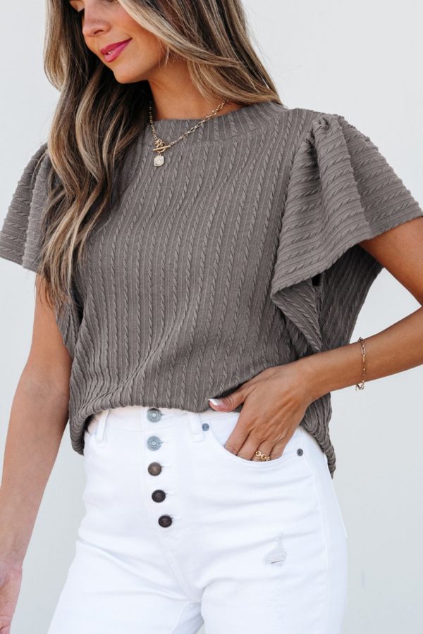 Textured Round Neck Flounce Sleeve Blouse For Discount