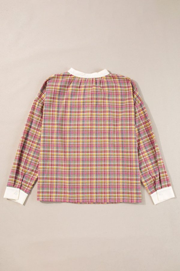 Mulit-Color Plaid Round Neck Long Sleeve Blouse For Cheap