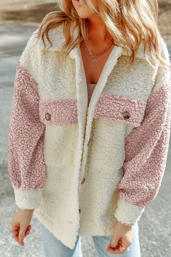 Color Block Collared Neck Sherpa Jacket Sale