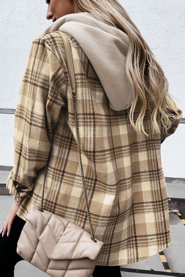 Plaid Button Up Long Sleeve Hooded Jacket Fashion