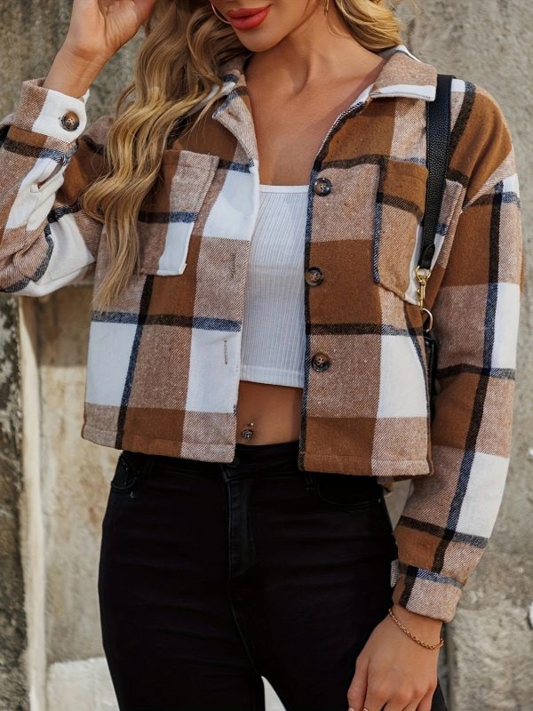 Plaid Collared Neck Cropped Jacket Online Hot Sale