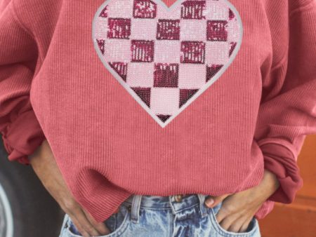 Valentine’s Day Sequin Checkered Heart Long Sleeve Sweatshirt Fashion