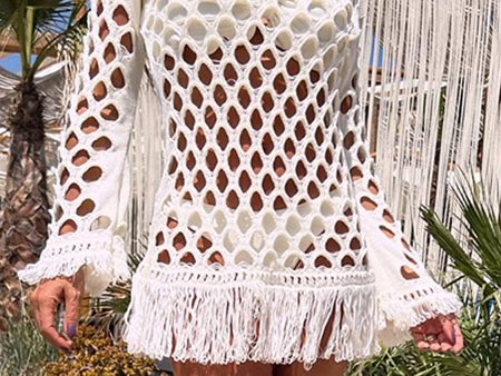 Fringe Cutout Long Sleeve Cover Up For Cheap