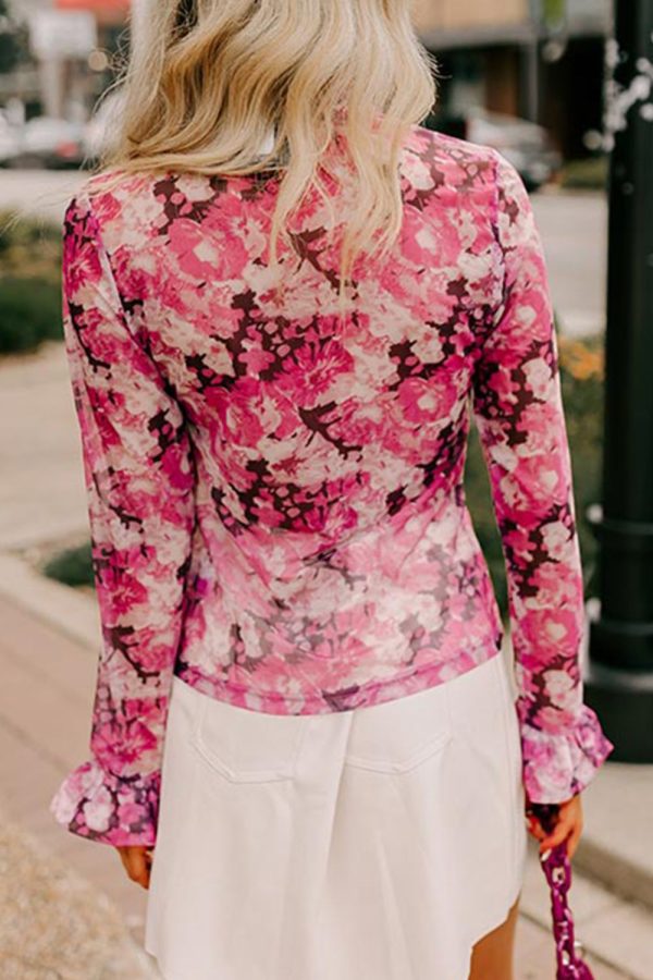 Floral Turtleneck Flounce Sleeve Blouse Fashion