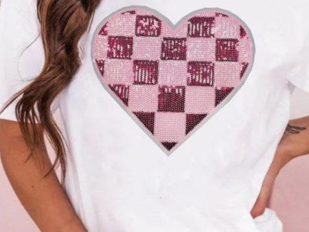 Sequin Checkered Heart Round Neck Short Sleeve T-Shirt Online Hot Sale