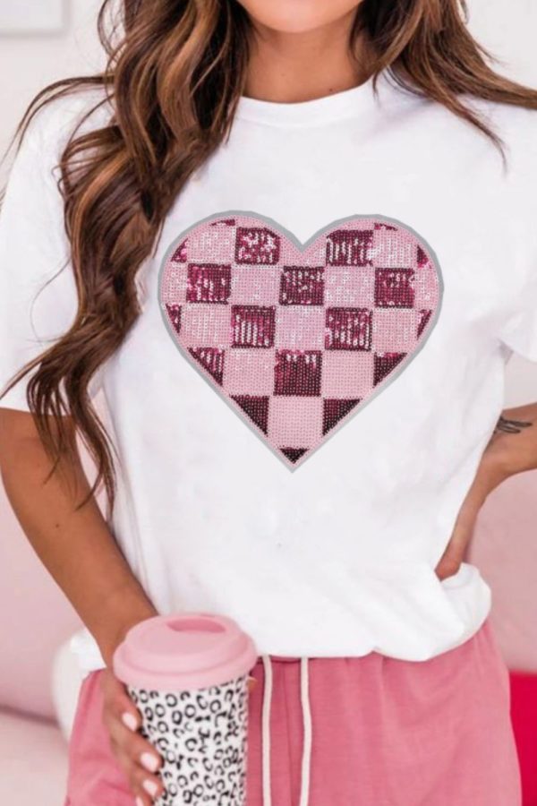 Sequin Checkered Heart Round Neck Short Sleeve T-Shirt Online Hot Sale