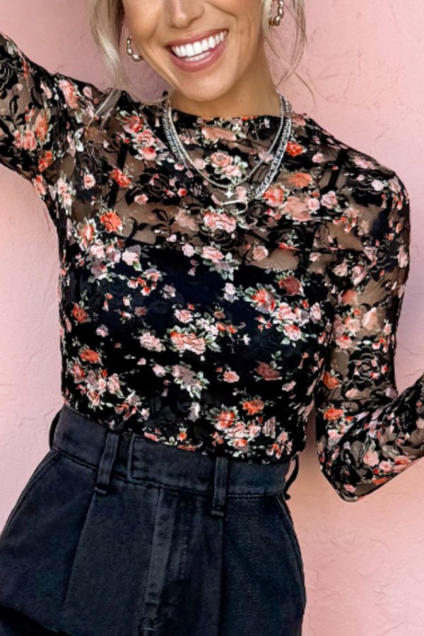 Floral Round Neck Long Sleeve Blouse Cheap