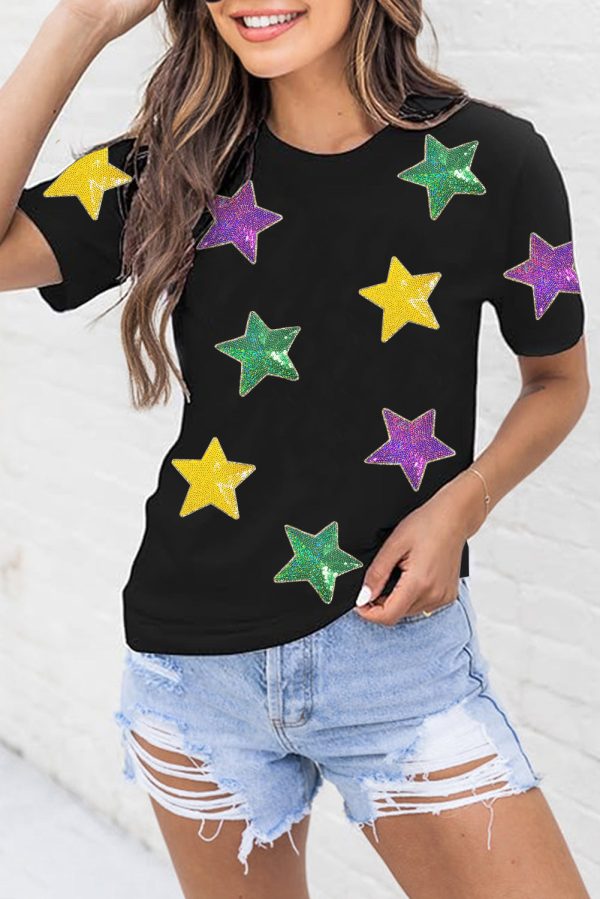 Sequin Stars Patched Round Neck T-Shirt Online