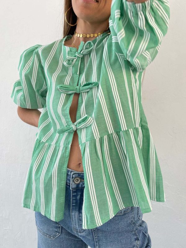 Tied Round Neck Balloon Sleeve Shirt Hot on Sale